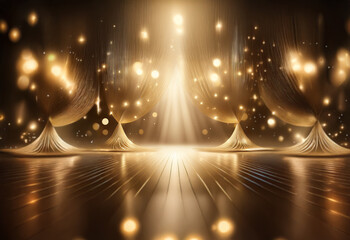 A dramatic stage with golden curtains and a spotlight shining down on a reflective floor with bokeh lights.