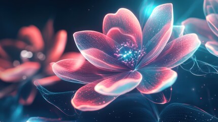Abstract neon glowing pink and blue flowers on a dark background.