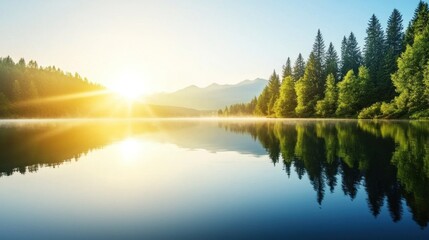 Obraz premium Serene mountain lake at sunrise with reflective waters and lush green surroundings in high-quality detail