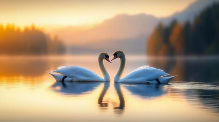 Fototapeta premium beautiful white swan in heart shape on lake in flare light