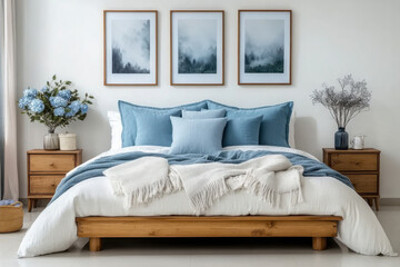 wooden bed with blue pillows and two bedside cabinets against white wall