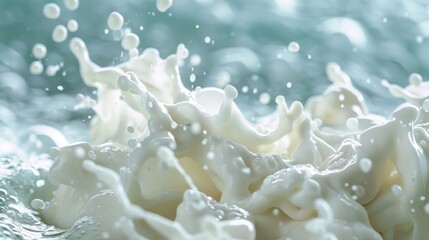 A close-up view of dynamic water splashes creating white foam against a serene, blurred aqua background.