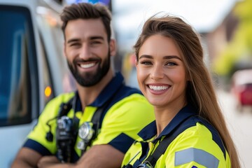 Two emergency responders, a male and a female, wearing vibrant high-visibility uniforms, stand smiling, exuding confidence and readiness to help the public.