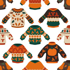 Fall sweaters vector cartoon seamless pattern on a white background.
