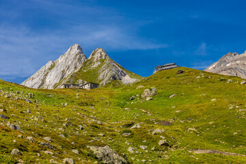 Chamonix rocky granite mountain peaks in french Alps around Mont Blanc summit in Chamonix valley....