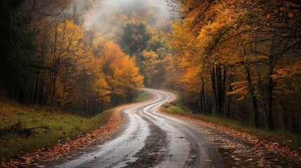 Naklejka premium Autumn Forest Road, Fallen Leaves and Mist
