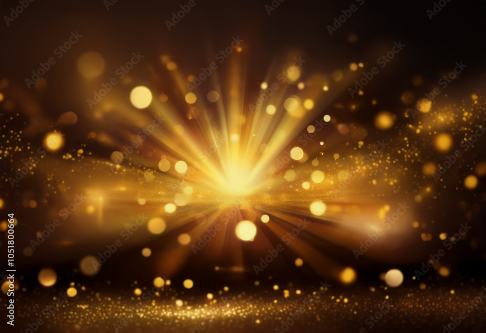 Poster golden light bursts from a dark background creating a dazzling display of sparkling bokeh.