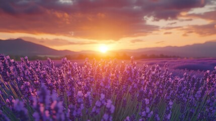 Fototapeta premium A vibrant sunset over a blooming lavender field The purple hues blend beautifully with the evening sky.