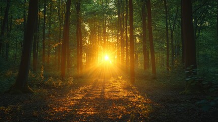 Obraz premium A warm sunset filtering through the dense forest canopy. Glittering light pours down to the ground below