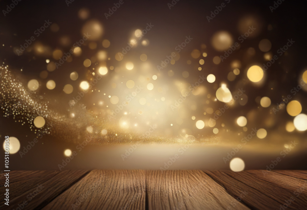 Poster a wooden platform sits in front of a dark background illuminated with soft golden light and bokeh.