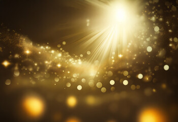 Obraz premium A bright light shines from above, illuminating a dark background with glowing particles and a hazy, golden glow.