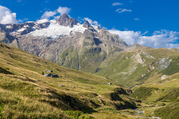 Chamonix rocky granite mountain peaks in french Alps around Mont Blanc summit in Chamonix valley....