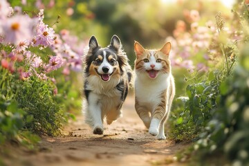 Cute cat and dog running between the flower rows in the park