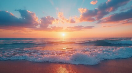 Naklejka premium A serene sunset over a quiet beach, with gentle waves crashing against the shore and a sky lit with colors.