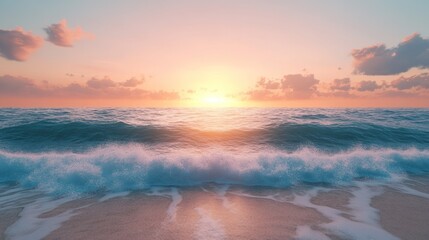 Obraz premium A serene sunset over a quiet beach, with gentle waves crashing against the shore and a sky lit with colors.