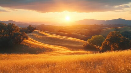 Fototapeta premium A serene sunset casts long shadows over a rolling hillside. And the scenery bathed in golden light