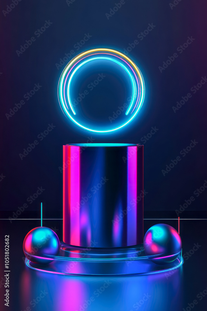 Poster a futuristic image displaying a glowing neon platform encircled by vibrant spheres, creating a dynam