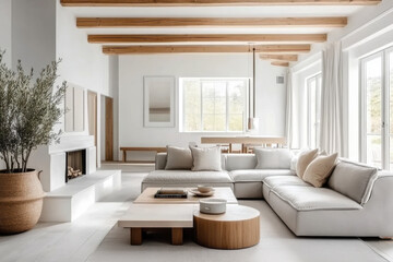 Fototapeta premium Rustic interior design of modern and nordic living room with grey sofa