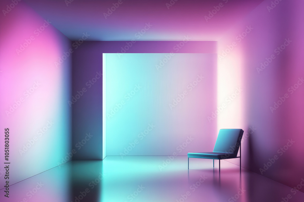 Aufkleber an empty minimalist room is gently illuminated by a soft gradient of pink and blue hues, creating a 