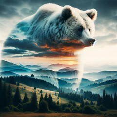 Obraz premium bear on the river, double exposure, animal extinction