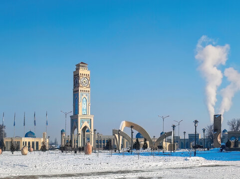 Shahristan square is the main square in Taraz with a clock tower in the center. Located at the historical and cultural zone of ancient Taraz city. Jambyl region, Kazakhstan