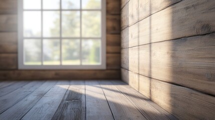 A close-up of the wood grain on the walls of an unfurnished bedroom, with a softly lit window in the background. Room on the left for text or graphics.