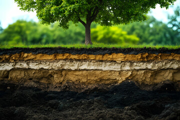 Fototapeta premium Detailed View Of Geological Layers With A Lush Green Tree On Top Representing Earth's Subsurface Composition. Generative AI