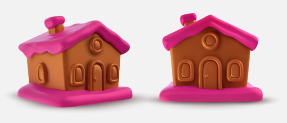 3d cartoon realistic chocolate gingerbread house with pink cream various view isolated on white background. Vector sweet dessert decoration in modern bright style.