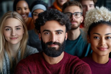 Obraz premium A group of diverse individuals posing with bright smiles, encapsulating friendship and unity in a cheerful and inclusive setting, brimming with positivity.