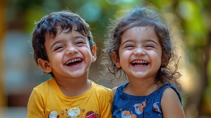 A joyful young boy and girl playing together, their laughter filling the air with happiness.