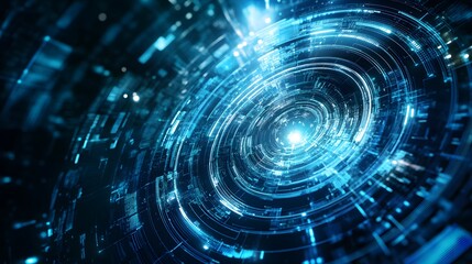 Fototapeta premium Abstract digital spiral with glowing blue lines and particles.