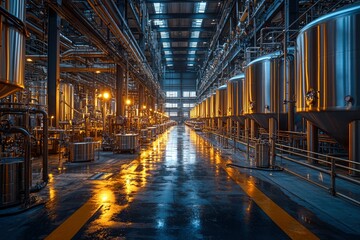 Fototapeta premium Industrial Factory Interior with Large Stainless Steel Tanks and Pipelines