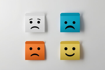 Four blue, orange, yellow and white sad and one happy smiles on grey background. AI generated