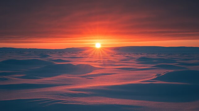 A cool and peaceful sunset over the Arctic tundra, with the sun casting a soft golden glow over the snow-covered landscape. - Powered by Adobe