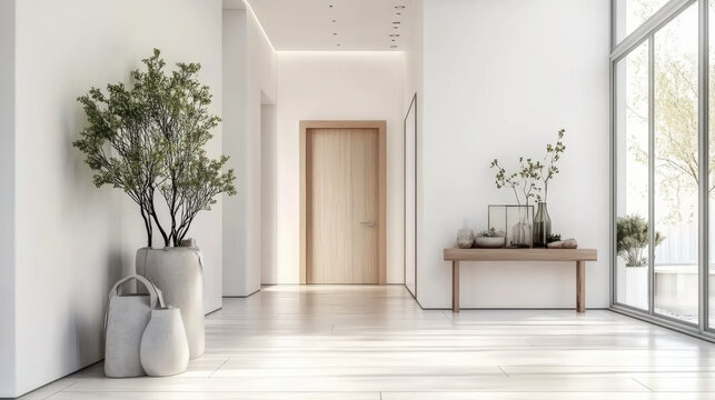 Bright interior design of modern entrance hall with door and wooden console table