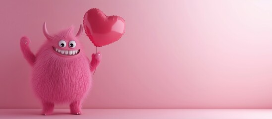 Cute pink monster holding heart balloon, cheerful expression, pink background
