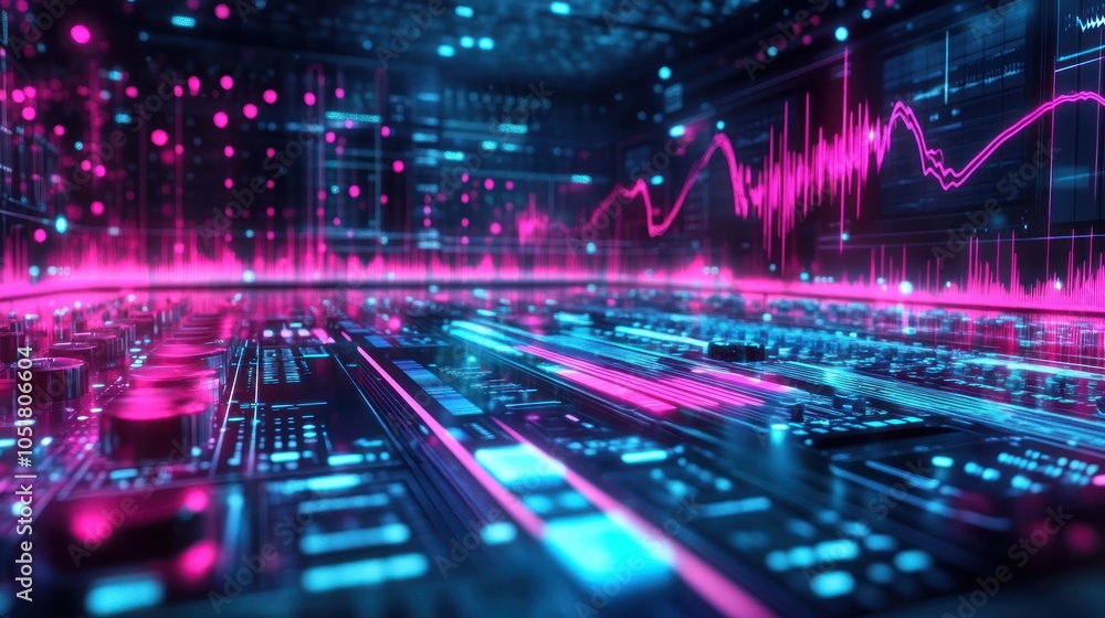 Poster a futuristic digital landscape with glowing blue and pink lines, representing data flow and informat