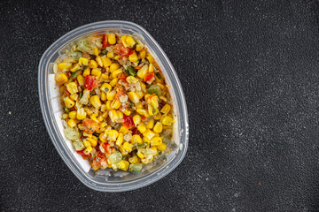 corn salad tasty food dish second course Fresh delicious gourmet food background on the table rustic food top view copy space top view keto and paleo diet Vegetarian and vegan food