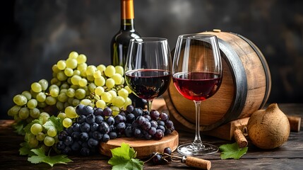 Fototapeta premium A rustic still life featuring red wine, grapes, and wooden barrel.
