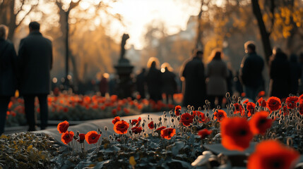 Armistice Day, a memorial park with poppies and people gathered in silence while paying their respects, Ai generated images