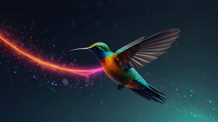 A colorful hummingbird with iridescent feathers soars through the air, capturing a moment of wild beauty in nature