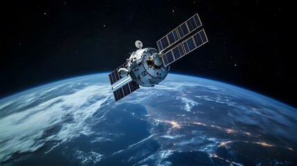 A detailed view of a satellite orbiting Earth against a starry backdrop.