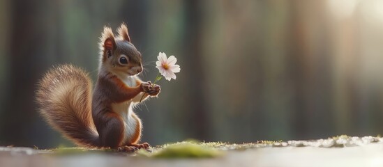 Obraz premium Squirrel holding flower, cute animal in nature, soft sunlight, blurred background