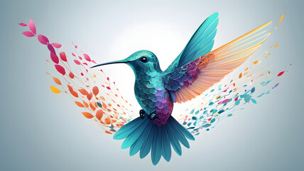 Obraz premium A ruby-throated hummingbird darts between vibrant flowers, its wings a blur of iridescent color against the lush green foliage