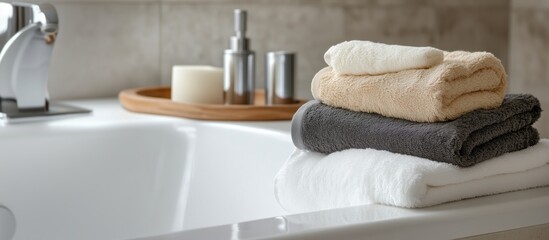 Towels stacked near bathtub, elegant bathroom decor, relaxation essentials