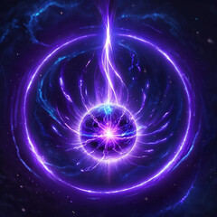 Obraz premium A glowing purple orb with electric tendrils radiates light in the center of a cosmic vortex. It is surrounded by a purple ring and wispy blue energy.