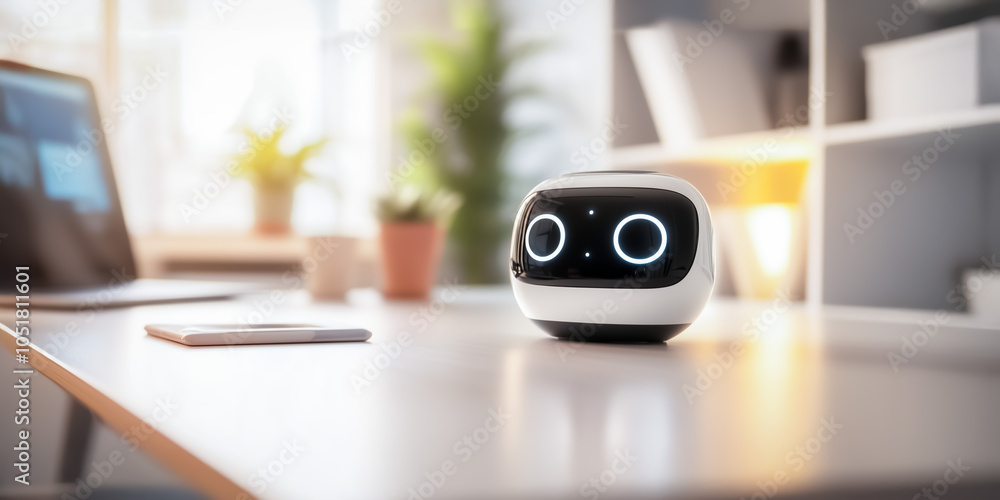 Poster a futuristic home assistant robot with glowing eyes, set on a clean and minimalistic desk. the sleek