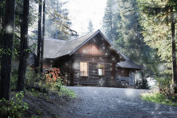 Image of a log house in a forest
