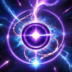 Obraz premium A circular, glowing purple orb with a bright white star at its center, surrounded by streaks of blue and purple energy against a dark blue starry background. The orb is surrounded by a glowing purple
