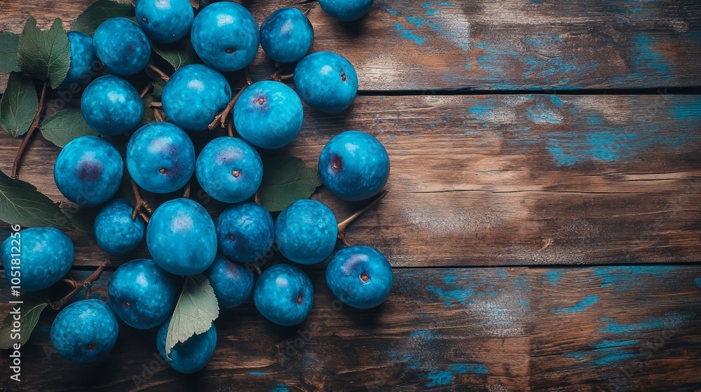 Wall mural Blue plums with leaves on a rustic wooden background.